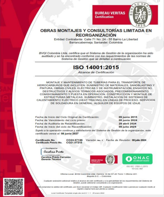 Certificado ISO 14001:2015 de gestión ambiental de OMC Ltda.